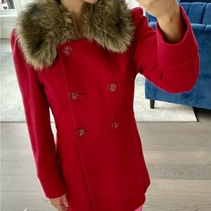 Lightly-worn red peacoat with fur collar - size M - $20